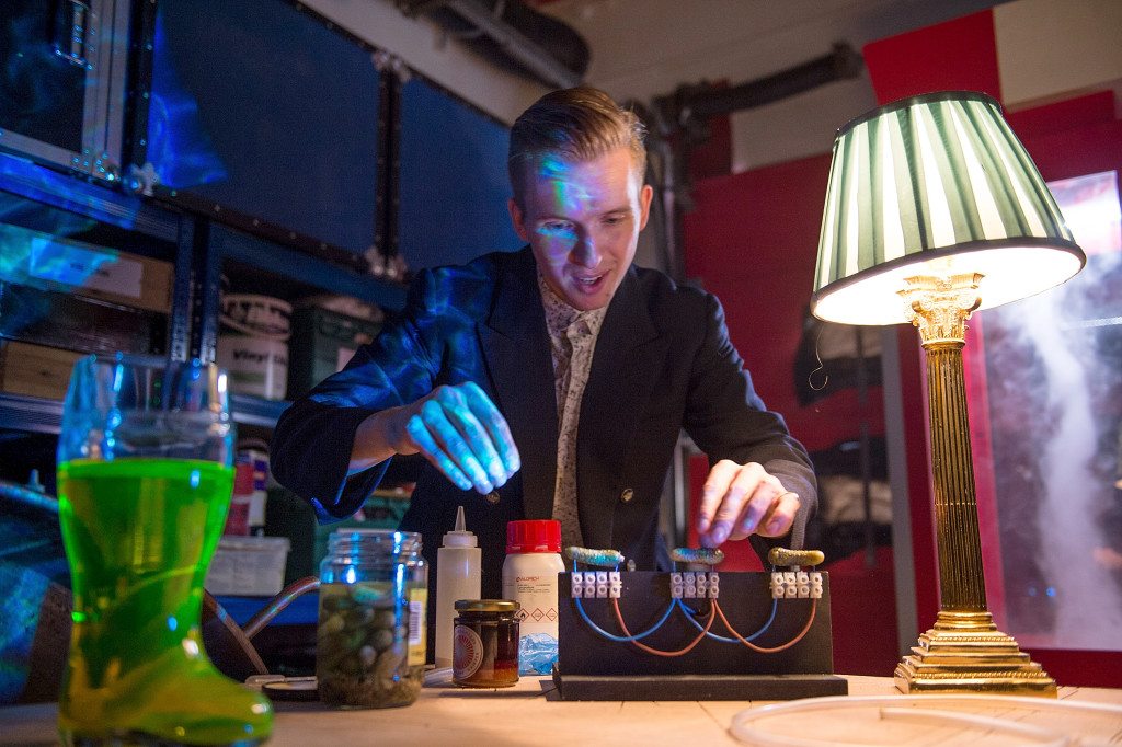 LONDON, ENGLAND - SEPTEMBER 16: Sam Bompas at the Bompas & Parr Studio visit for JOHNNIE WALKER BLUE LABEL Presents SYMPHONY IN BLUE on September 16, 2014 in London, England. (Photo by Ian Gavan/Getty Images for Diageo) *** Local Caption *** Sam Bompas